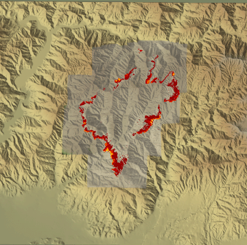 [map]: Shaded relief map of the SDEF area showing active fireline during the Williams fire